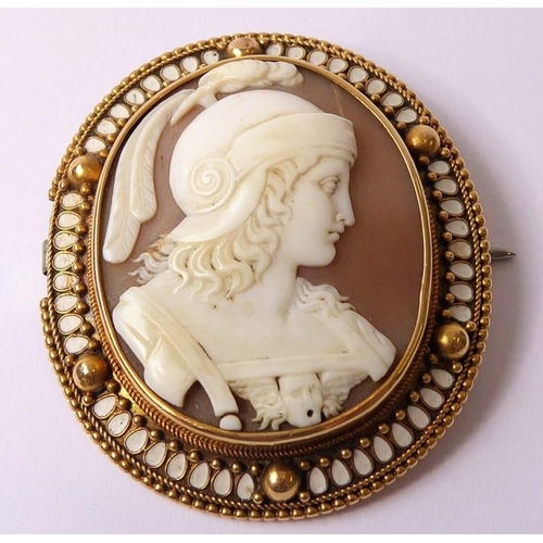 223 - A mid 19th century cameo, yellow gold and enamel brooch, the oval shell cameo depicting the head and... 