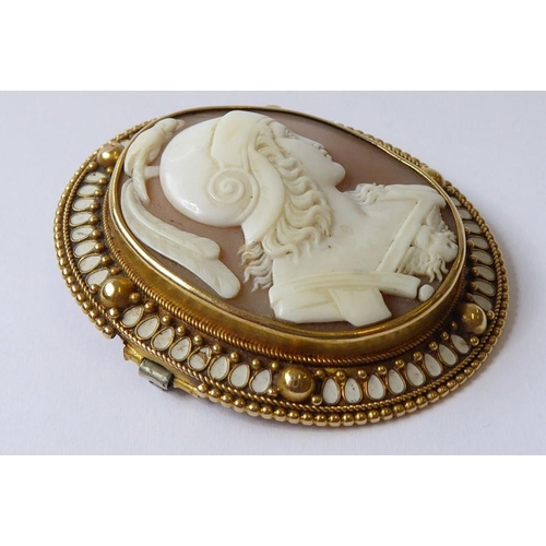 223 - A mid 19th century cameo, yellow gold and enamel brooch, the oval shell cameo depicting the head and... 