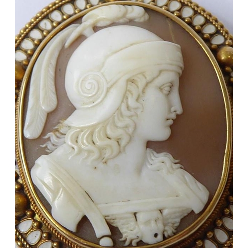 223 - A mid 19th century cameo, yellow gold and enamel brooch, the oval shell cameo depicting the head and... 