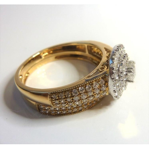 228 - A diamond-set 18-carat yellow gold ring;  the central cluster composed of a brilliant-cut diamond (e... 