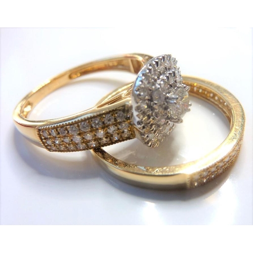 228 - A diamond-set 18-carat yellow gold ring;  the central cluster composed of a brilliant-cut diamond (e... 