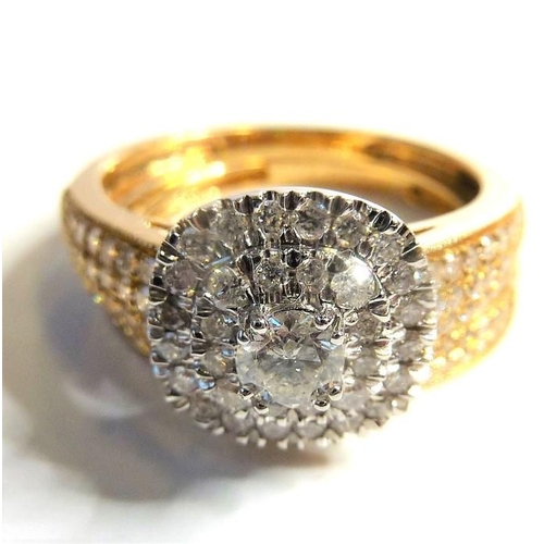 228 - A diamond-set 18-carat yellow gold ring;  the central cluster composed of a brilliant-cut diamond (e... 