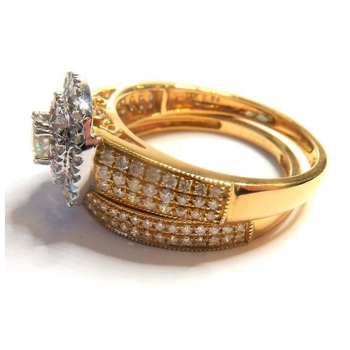 228 - A diamond-set 18-carat yellow gold ring;  the central cluster composed of a brilliant-cut diamond (e... 