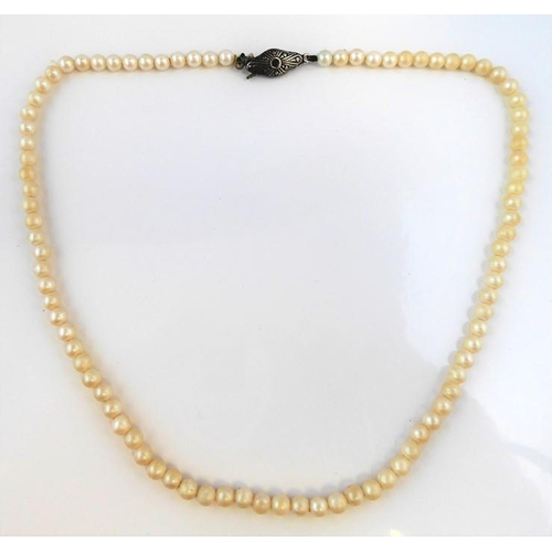 249 - A cultured pearl necklace to the continental clasp engraved '935' (length 41cms), together with an o... 