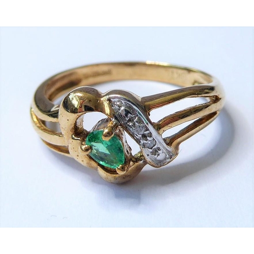 254 - An emerald and diamond-set ring, the pear-shaped emerald claw-set above an openwork setting with sin... 