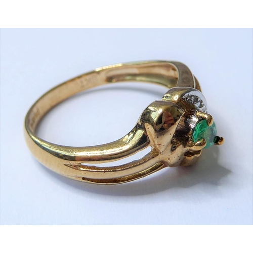 254 - An emerald and diamond-set ring, the pear-shaped emerald claw-set above an openwork setting with sin... 