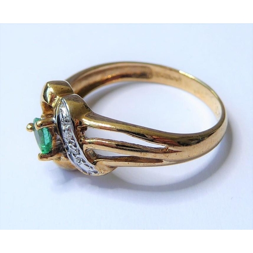 254 - An emerald and diamond-set ring, the pear-shaped emerald claw-set above an openwork setting with sin... 