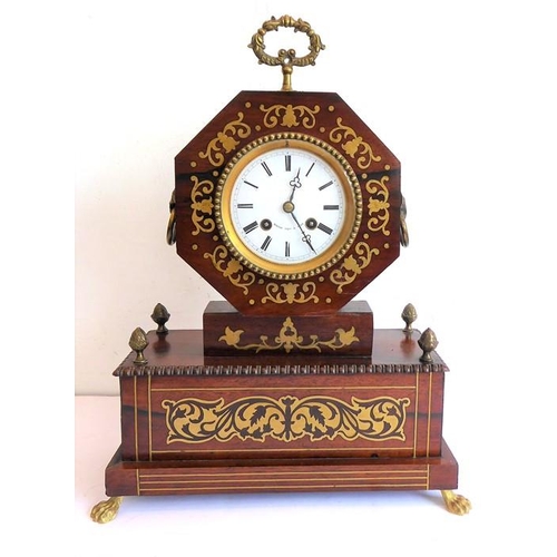 262 - An early 19th century rosewood and brass inlaid eight-day mantle clock; the white-enamel dial with R... 