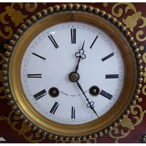 262 - An early 19th century rosewood and brass inlaid eight-day mantle clock; the white-enamel dial with R... 