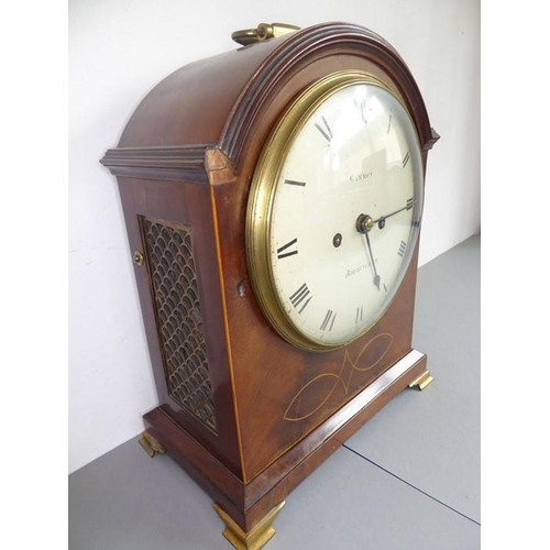 264 - A 19th century mahogany and boxwood-strung eight-day bracket clock; the oval hinged gilt-metal handl... 