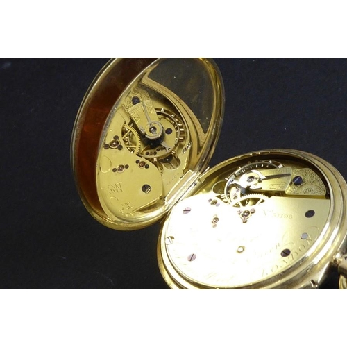 273 - A good 18-carat yellow-gold-cased gentleman's open-faced pocket fob watch; the white enamel dial wit... 