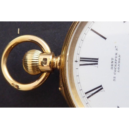 273 - A good 18-carat yellow-gold-cased gentleman's open-faced pocket fob watch; the white enamel dial wit... 