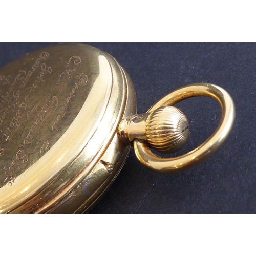 273 - A good 18-carat yellow-gold-cased gentleman's open-faced pocket fob watch; the white enamel dial wit... 