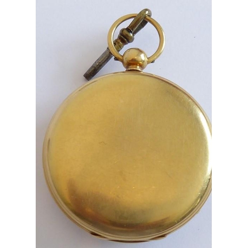 275 - An 18 carat yellow gold open faced pocket watch, key wound (with key), subsidiary seconds dial, cuve... 