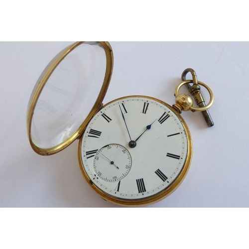 275 - An 18 carat yellow gold open faced pocket watch, key wound (with key), subsidiary seconds dial, cuve... 