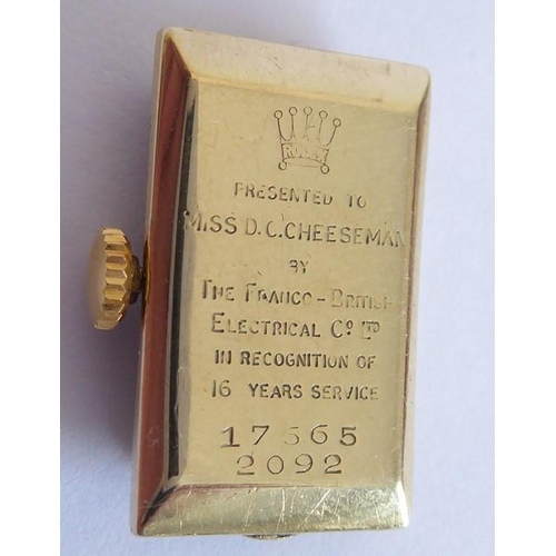 277 - A 9 carat yellow gold rectangular watch, the dial with Arabic numerals signed 'Rolex', the case sign... 