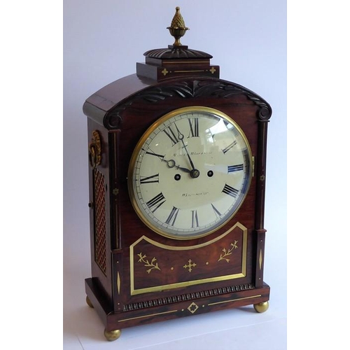 279 - A good late Regency period rosewood cased and brass-inlaid eight-day bracket clock; the gilded pinea... 