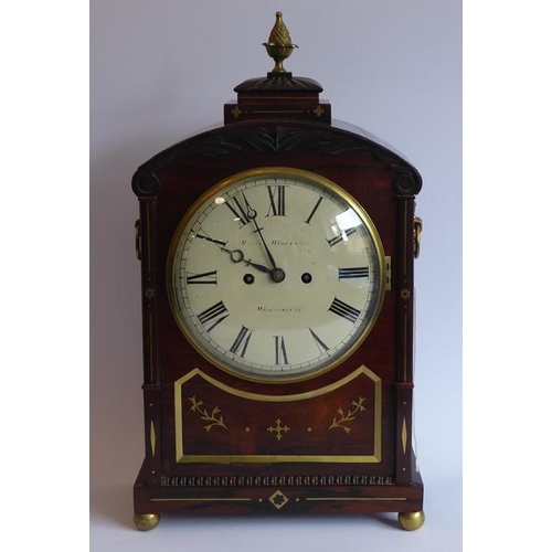 279 - A good late Regency period rosewood cased and brass-inlaid eight-day bracket clock; the gilded pinea... 