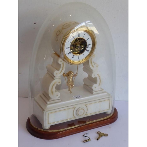 283 - A 19th century white marble mantle clock; white-enamel chapter ring with Roman numerals and visible ... 