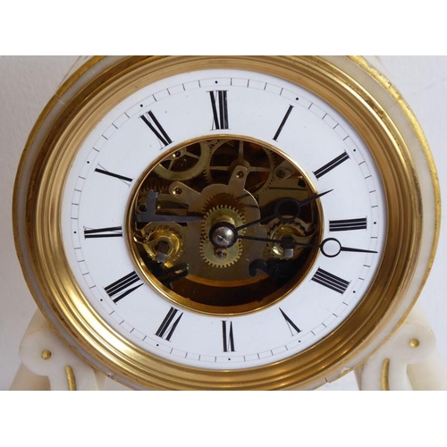 283 - A 19th century white marble mantle clock; white-enamel chapter ring with Roman numerals and visible ... 