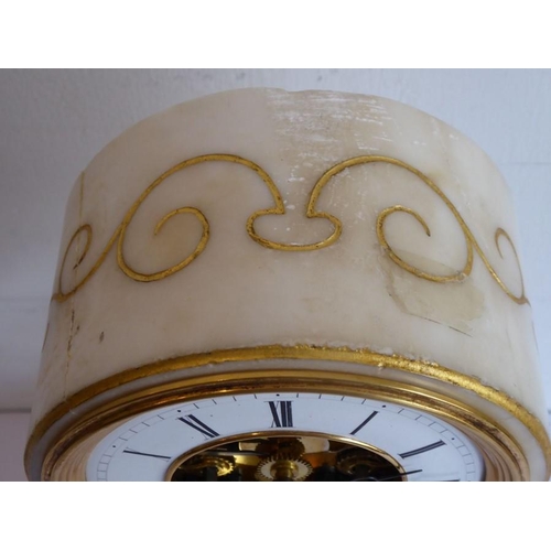 283 - A 19th century white marble mantle clock; white-enamel chapter ring with Roman numerals and visible ... 