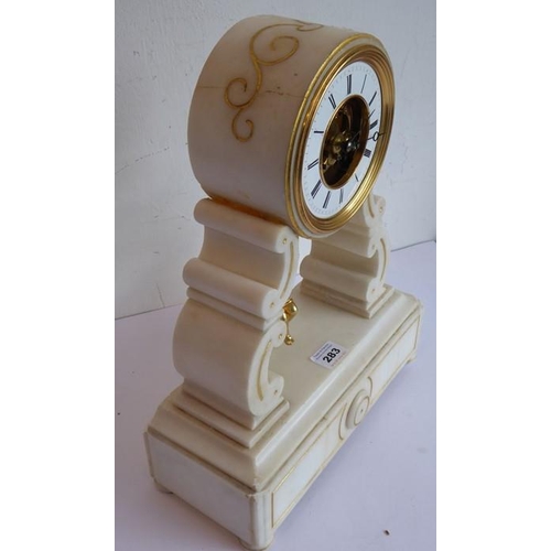 283 - A 19th century white marble mantle clock; white-enamel chapter ring with Roman numerals and visible ... 