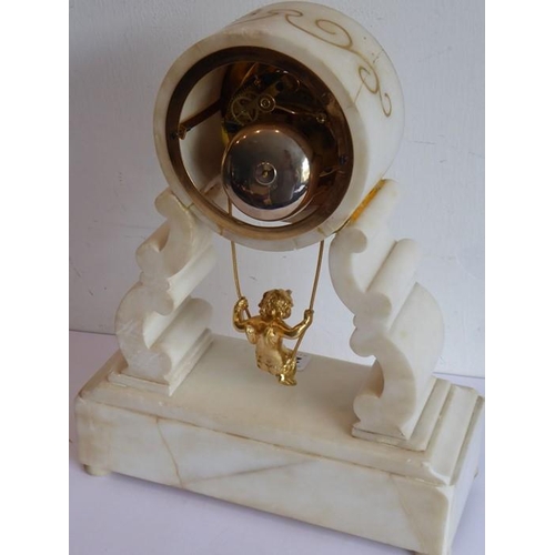 283 - A 19th century white marble mantle clock; white-enamel chapter ring with Roman numerals and visible ... 