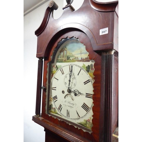 287 - An early 19th century mahogany and boxwood-strung eight-day longcase clock; the broken swan-neck ped... 