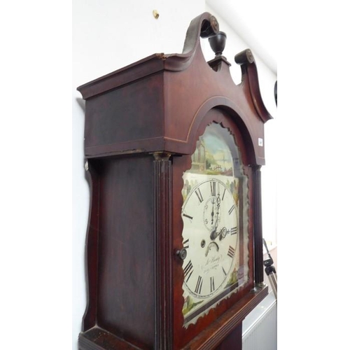 287 - An early 19th century mahogany and boxwood-strung eight-day longcase clock; the broken swan-neck ped... 