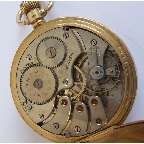 288 - A 9 carat yellow gold open faced pocket watch, keyless wind, subsidiary seconds dial, cuvette, Birmi... 