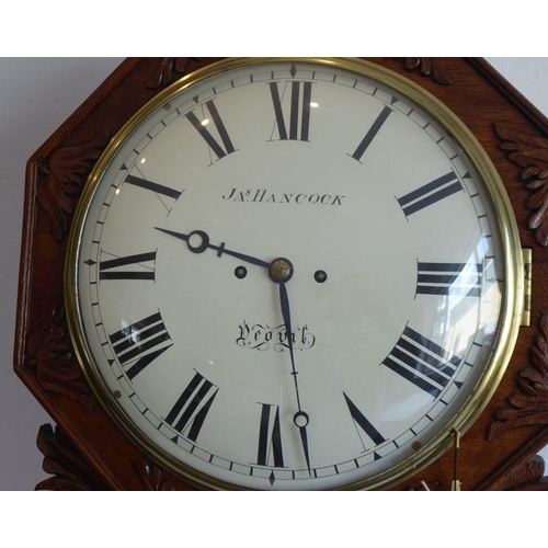 289 - A mid-19th century oak-cased eight-day drop dial wall clock; the twelve-inch cream dial with Roman n... 