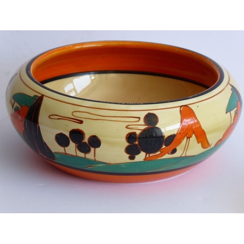 29 - Two pieces of Clarice Cliff pottery: an Art Deco circular pottery bowl hand-decorated in the 'Trees ... 