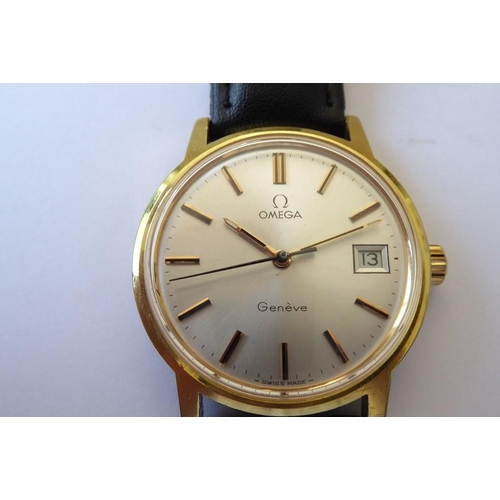 296 - A gentleman's Omega dress wristwatch; gold-plated case and then signed dial with baton markers and d... 