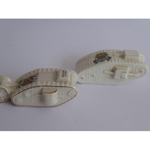 30 - Three Arcadian and one Willow Art crested china models: the Arcadian models comprising two WWI tanks... 