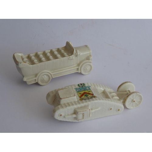 30 - Three Arcadian and one Willow Art crested china models: the Arcadian models comprising two WWI tanks... 