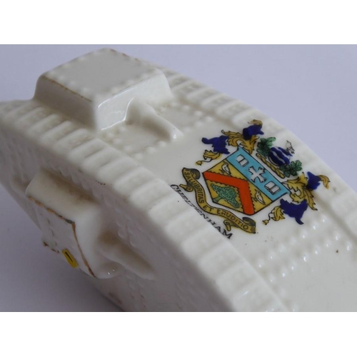 30 - Three Arcadian and one Willow Art crested china models: the Arcadian models comprising two WWI tanks... 