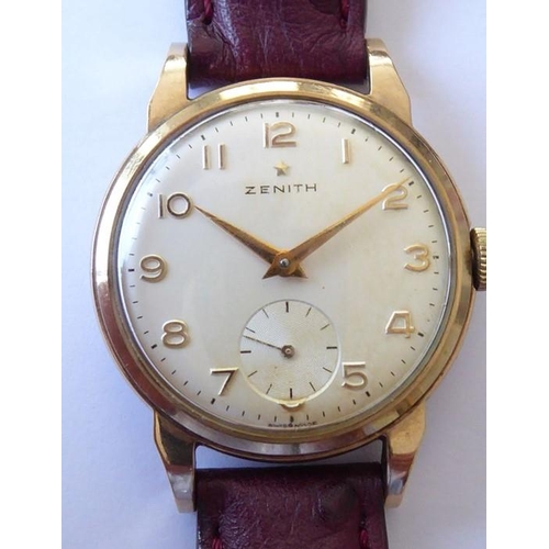 301 - A gentleman's 9-carat yellow-gold-cased wristwatch; the cream dial signed Zenith and with Arabic num... 