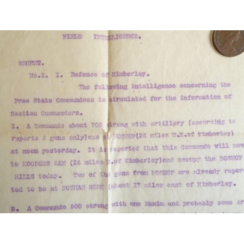 308 - A rare Field Intelligence report issued to section commanders at Kimberley days before the siege beg... 