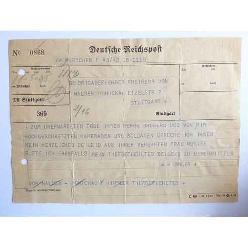 309 - A telegram message of condolence from Heinrich Himmler to SS Brigadeführer Baron von Malsen-Ponickau... 