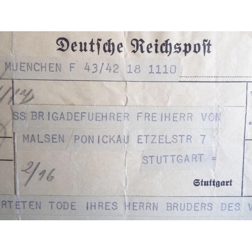 309 - A telegram message of condolence from Heinrich Himmler to SS Brigadeführer Baron von Malsen-Ponickau... 