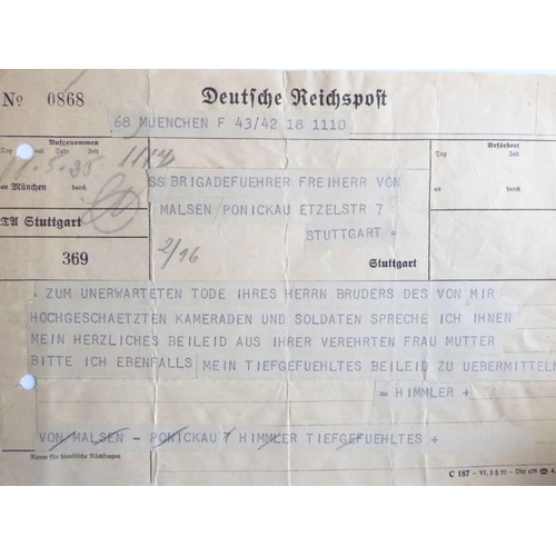 309 - A telegram message of condolence from Heinrich Himmler to SS Brigadeführer Baron von Malsen-Ponickau... 