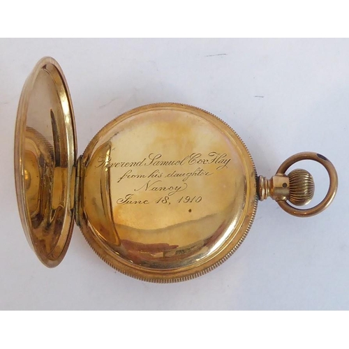 316 - Two pocket watches: an early 20th century gold-plate-cased full hunter, white enamel dial with Roman... 