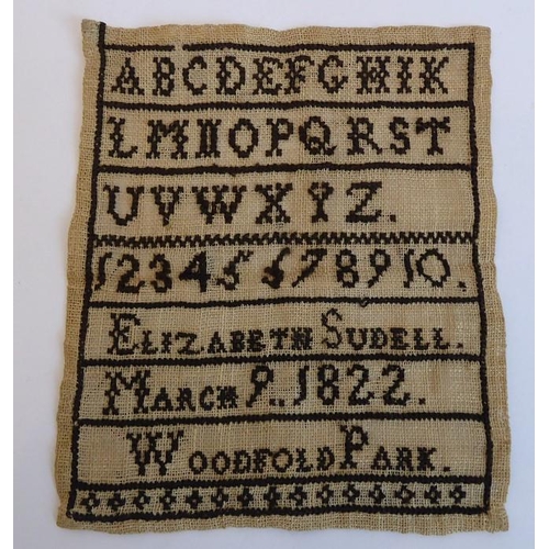 342 - An interesting selection of bijouterie: a charming early 19th century needlework sampler, 'Elizabeth... 