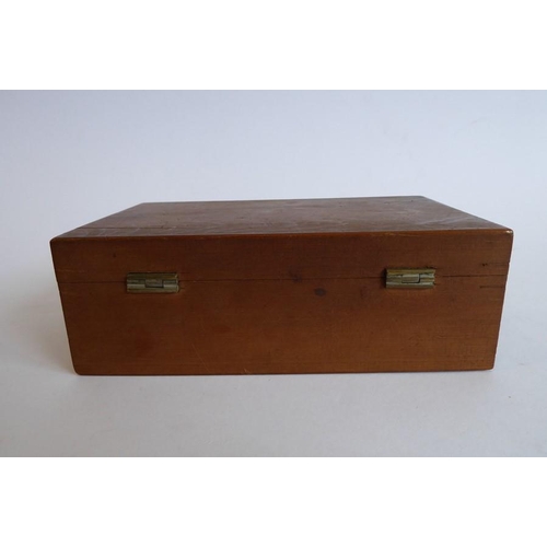 346 - A small 19th century wooden box (possibly cedarwood ?) having a kite-shaped bone escutcheon and cont... 