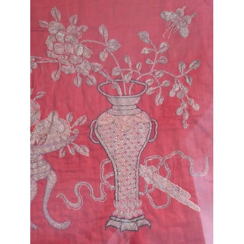 358 - A Chinese white-metal wire needlework on silk; a Meiping-style vase with flowers and stalks emanatin... 