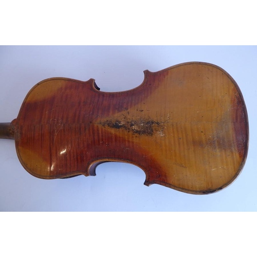 359 - A 19th century cased violin (later bow); the dark and patinated instrument with tightly carved scrol... 