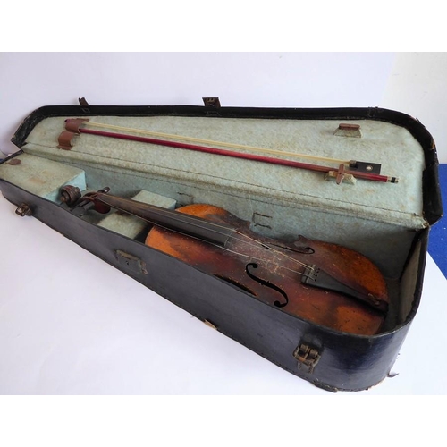 359 - A 19th century cased violin (later bow); the dark and patinated instrument with tightly carved scrol... 