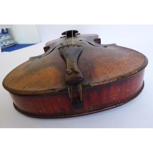 359 - A 19th century cased violin (later bow); the dark and patinated instrument with tightly carved scrol... 