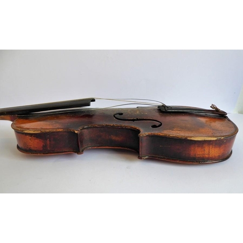 359 - A 19th century cased violin (later bow); the dark and patinated instrument with tightly carved scrol... 