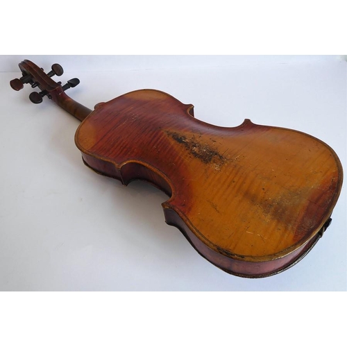 359 - A 19th century cased violin (later bow); the dark and patinated instrument with tightly carved scrol... 